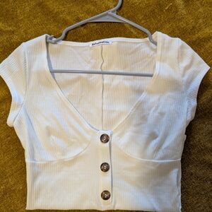 Reformation White Ribbed Bodysuit with Button Accents